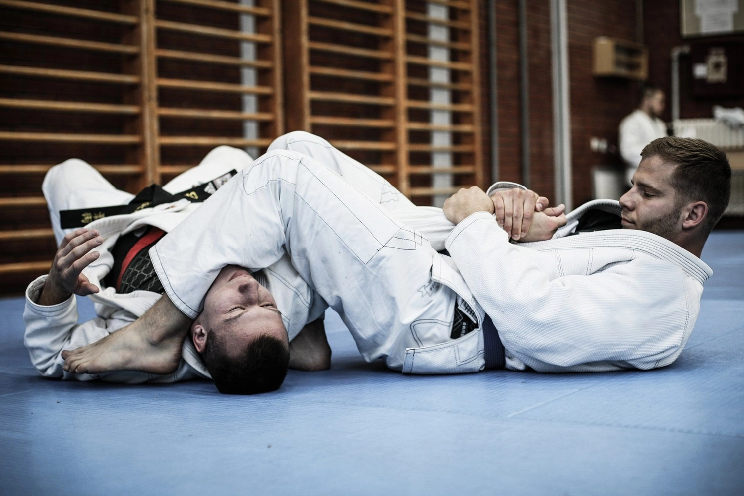 Atrium Sports e.V. - Kampfsport und Fitness - zwei Personen üben brasilianisches Jiu-Jitsu (BJJ), eine Kampfkunst, bei der Bodenkampf und Grappling im Vordergrund stehen.