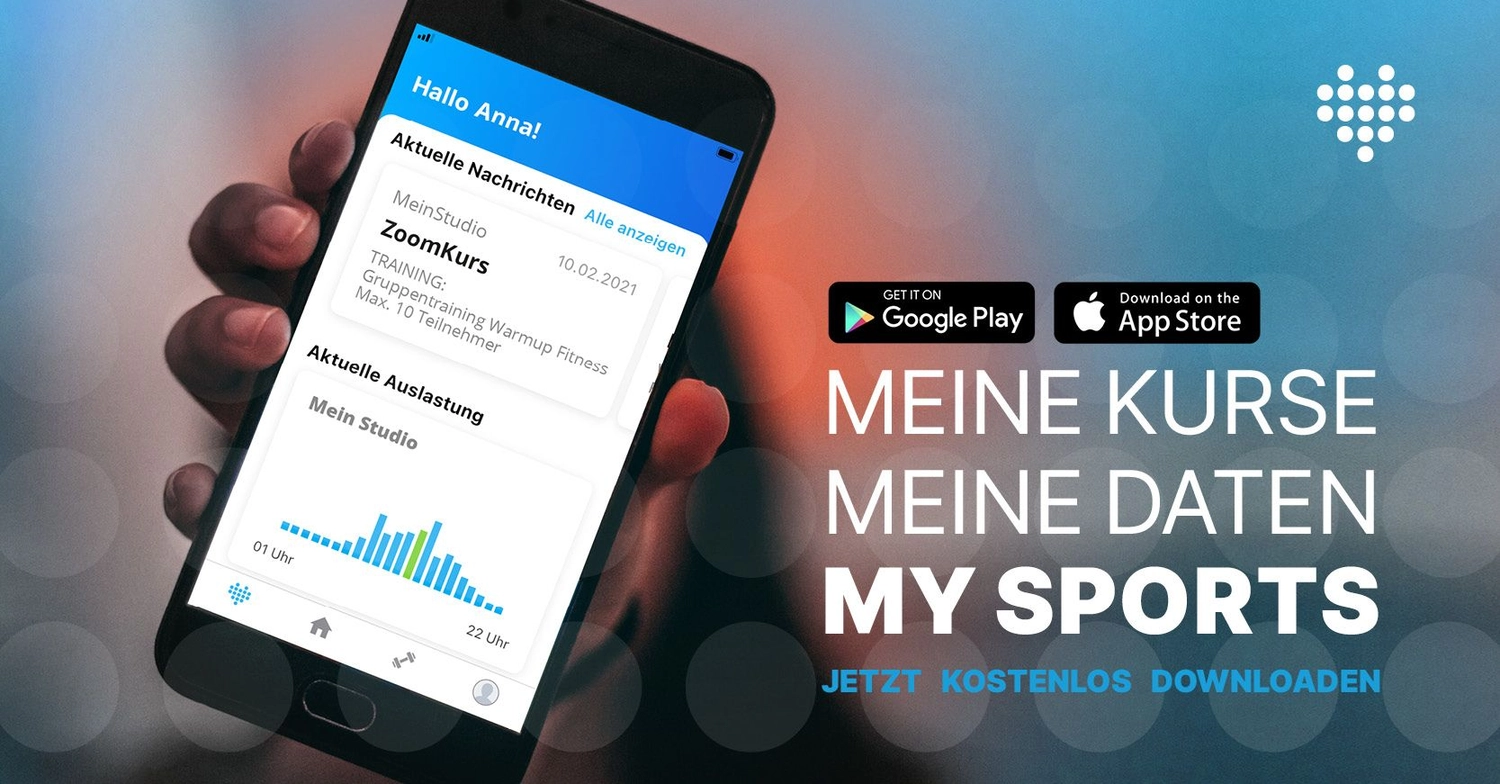 Atrium Sports e.V. - Kampfsport und Fitness – eine Werbung für eine Fitness-App mit dem Namen „MY SPORTS“ auf Deutsch.