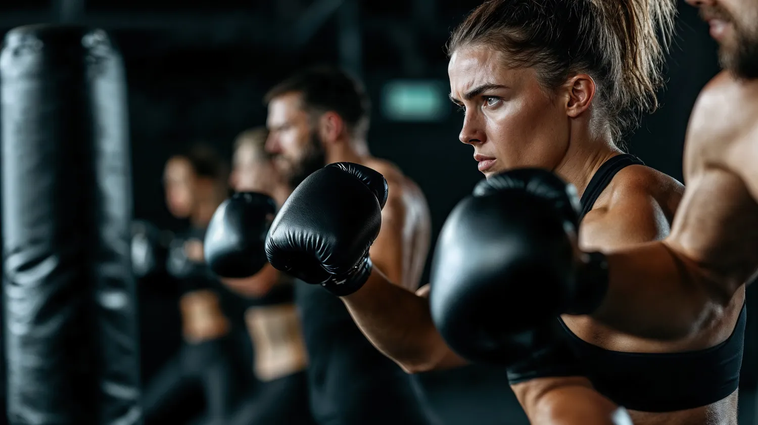 Women practicing kickboxing in a fitness studio training session